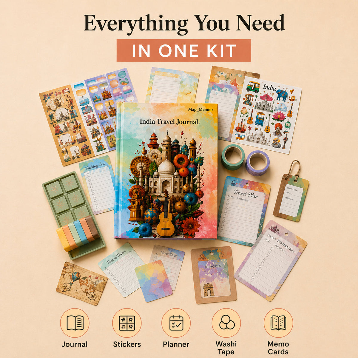 Everything in the India travel journal kit