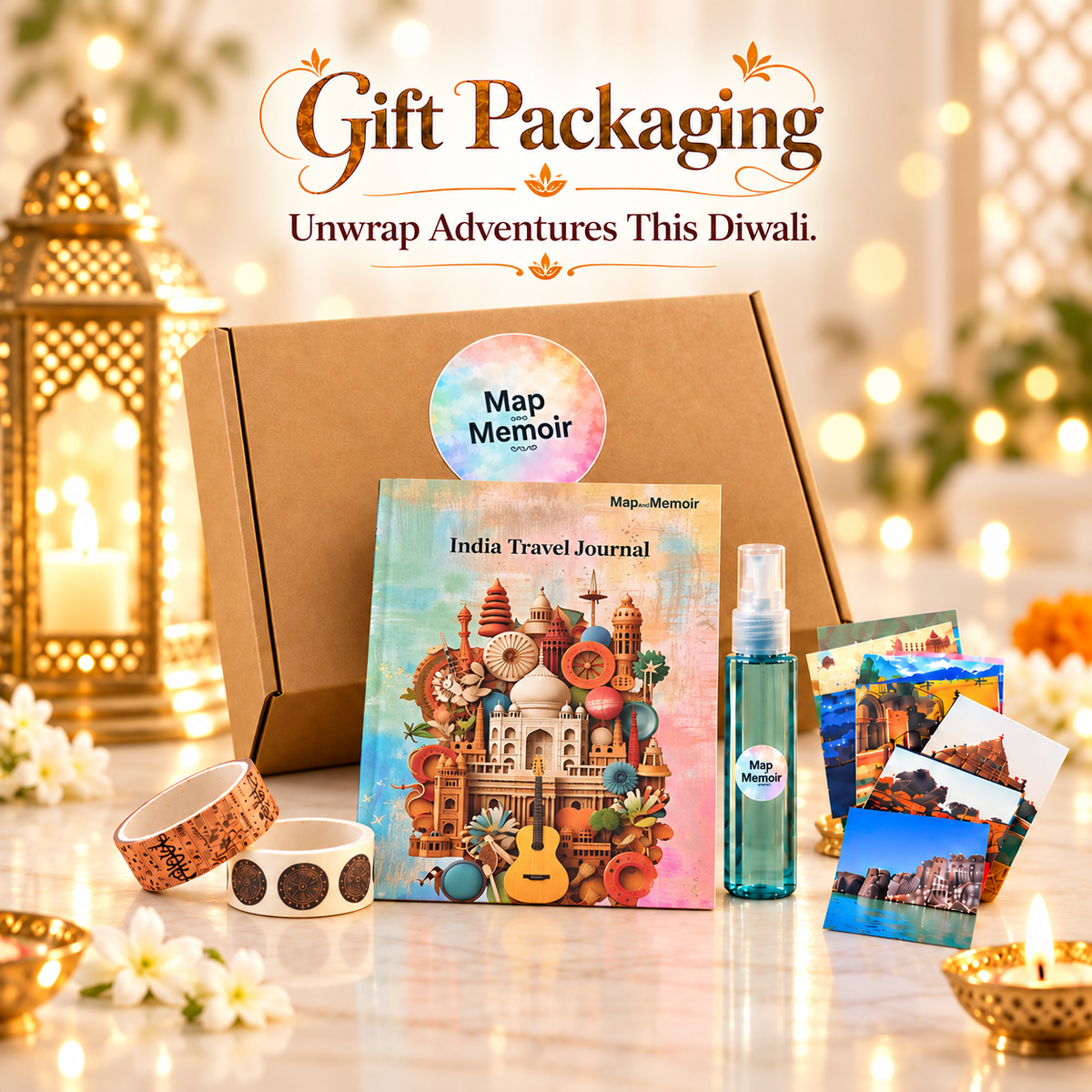 India Travel Journal Kit — Journal + Glue + Stickers + 2 Washi Tapes
