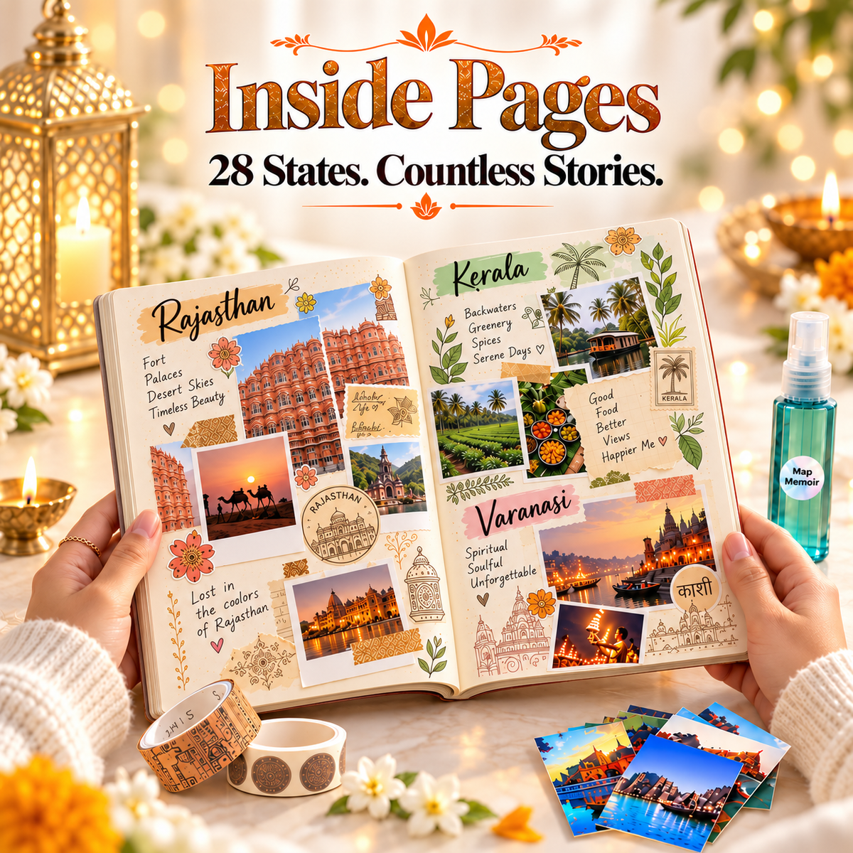 India Travel Journal Kit — Journal + Glue + Stickers + 2 Washi Tapes