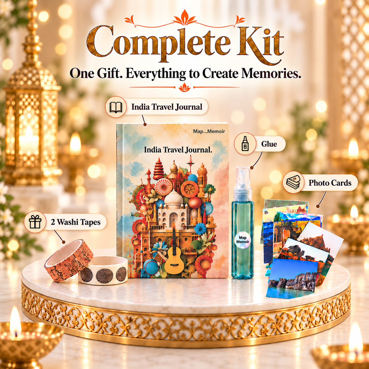 India Travel Journal Kit — Journal + Glue + Stickers + 2 Washi Tapes