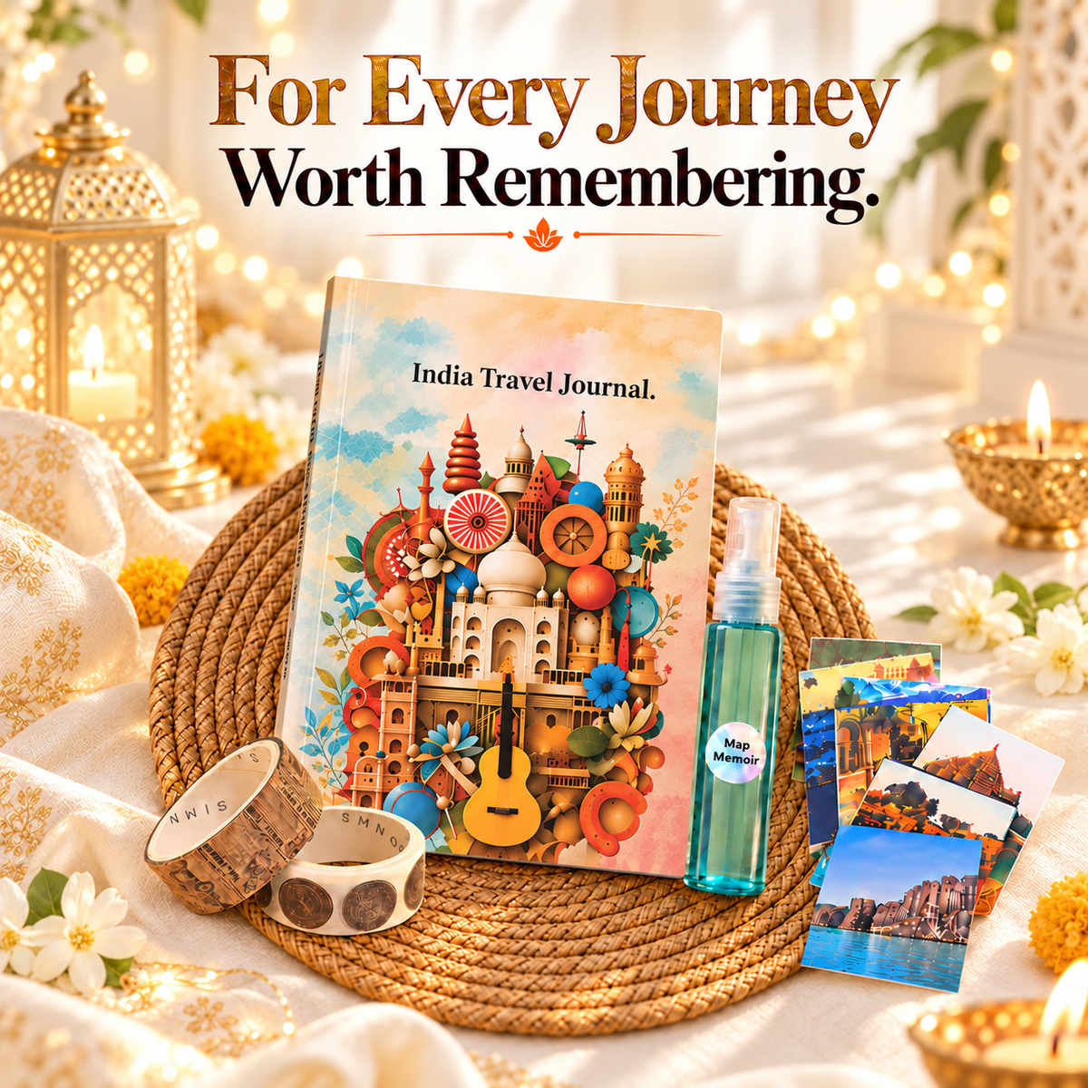 India Travel Journal Kit — Journal + Glue + Stickers + 2 Washi Tapes