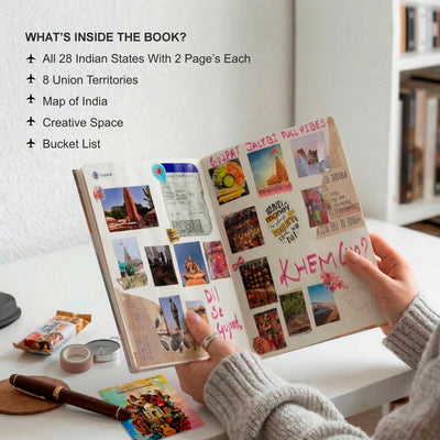 Hand-filled India travel journal open on a Gujarat spread